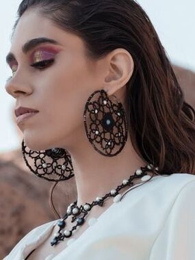 Elegant Black Lace Jewelry Set Necklace & Hoop Earrings With Pearl, Handmade